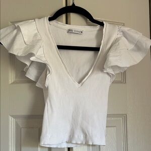 Zara White Ribbed V-Neck Crop Top with Ruffle Sleeves